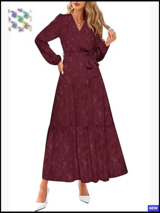 Long Sleeve Wrap V Neck Floral Maxi Dress Boho Chiffon Flowy Tie Waist - Picture 4 of 7